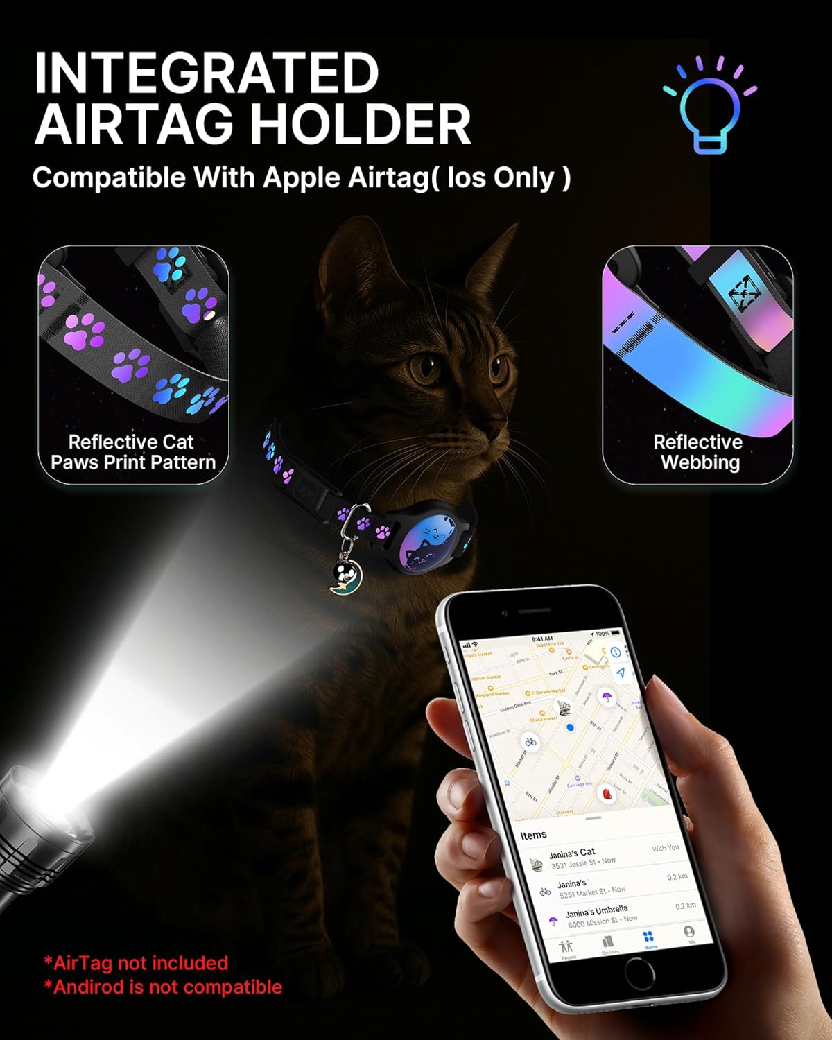 Professional Cat Collar with AirTag Holder - 2 Pack Waterproof Breakaway Adjustable Collar for Apple AirTag GPS Tracker, Features Buckle, Bell, and Reflective Pattern for Cats and Kittens, Black (8-11")