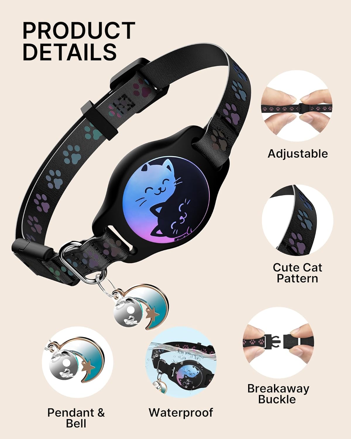 Professional Cat Collar with AirTag Holder - 2 Pack Waterproof Breakaway Adjustable Collar for Apple AirTag GPS Tracker, Features Buckle, Bell, and Reflective Pattern for Cats and Kittens, Black (8-11")
