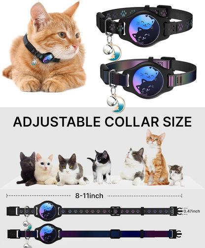 Professional Cat Collar with AirTag Holder - 2 Pack Waterproof Breakaway Adjustable Collar for Apple AirTag GPS Tracker, Features Buckle, Bell, and Reflective Pattern for Cats and Kittens, Black (8-11")