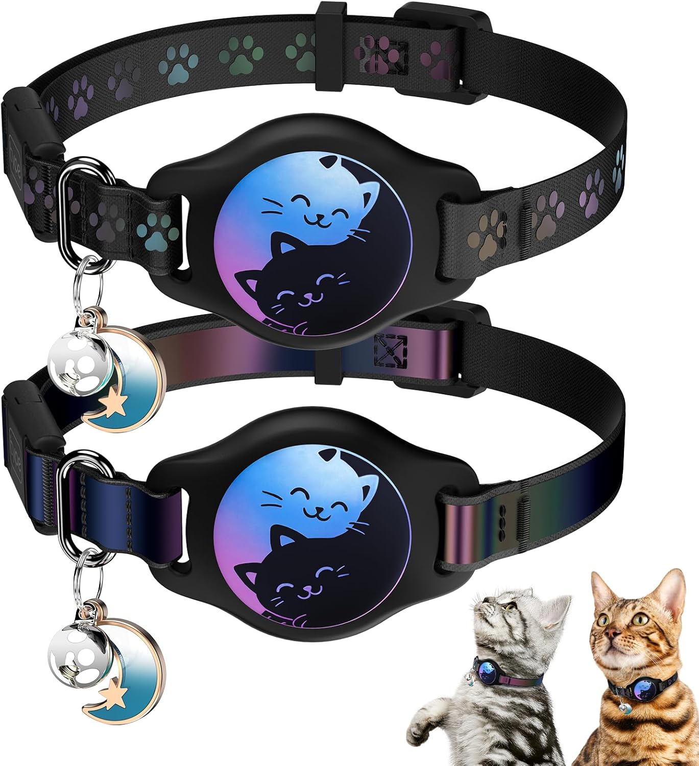 Professional Cat Collar with AirTag Holder - 2 Pack Waterproof Breakaway Adjustable Collar for Apple AirTag GPS Tracker, Features Buckle, Bell, and Reflective Pattern for Cats and Kittens, Black (8-11")