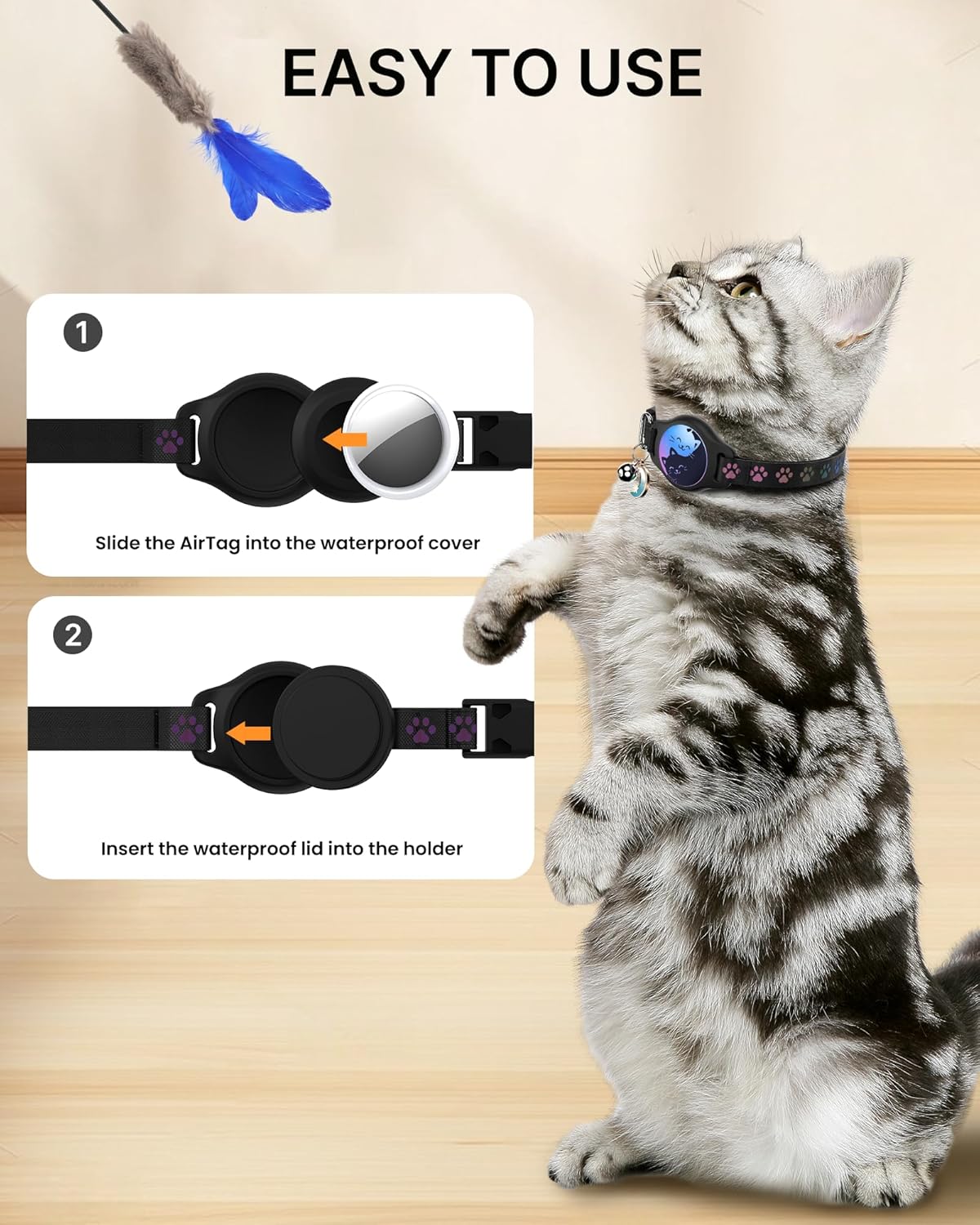 Professional Cat Collar with AirTag Holder - 2 Pack Waterproof Breakaway Adjustable Collar for Apple AirTag GPS Tracker, Features Buckle, Bell, and Reflective Pattern for Cats and Kittens, Black (8-11")