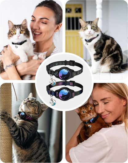 Professional Cat Collar with AirTag Holder - 2 Pack Waterproof Breakaway Adjustable Collar for Apple AirTag GPS Tracker, Features Buckle, Bell, and Reflective Pattern for Cats and Kittens, Black (8-11")