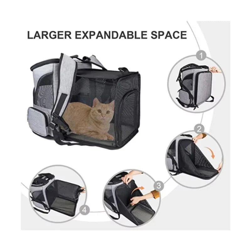 Portable Outdoor Cat Backpack with Expandable Design for Small Dogs and Cats, Foldable Double Shoulder Pet Carrier